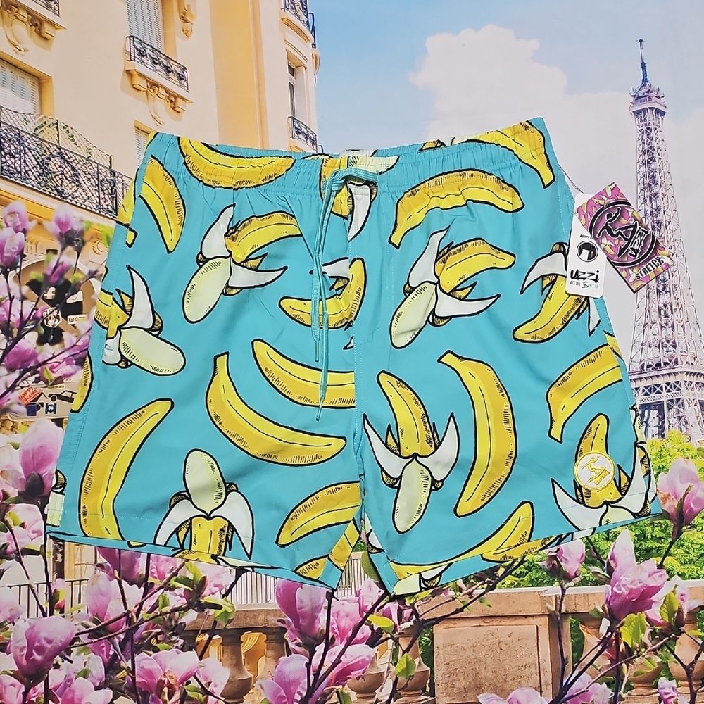 UZZI Vibrant Banana Print Men's Swim Shorts Small New